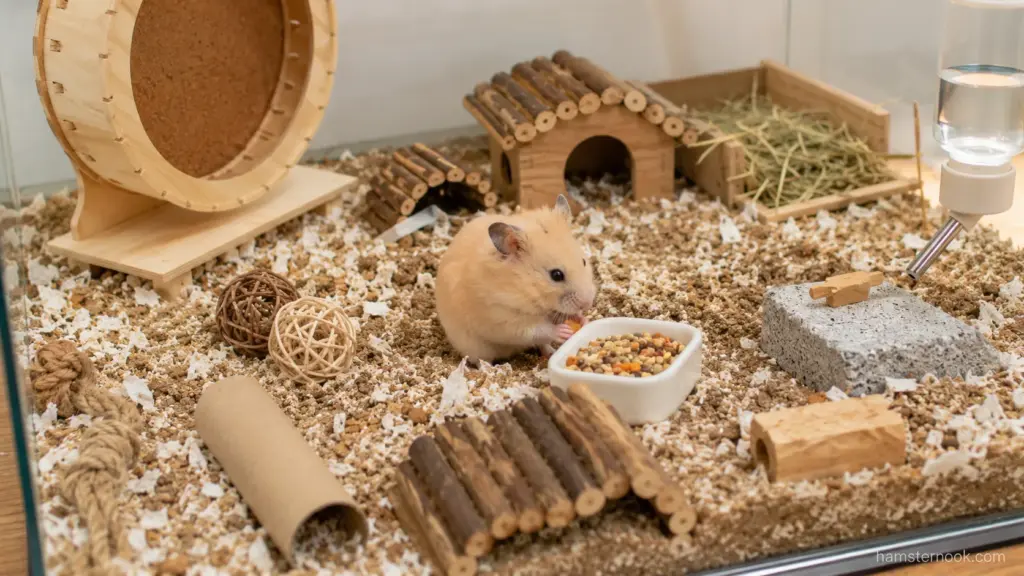 Enriched hamster enclosure with tunnels, chew toys, hideouts, wheel, and multiple exploration areas