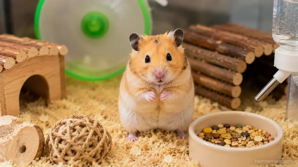 Pet hamster exploring enrichment toys and chew items inside a well-equipped habitat