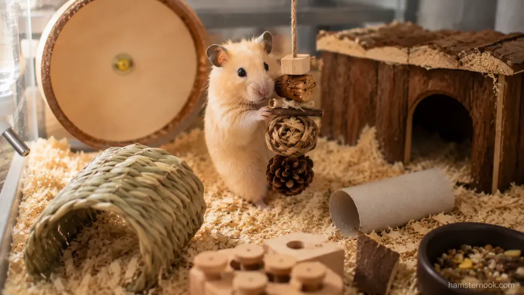Hamster exploring enrichment area with tunnels and natural hiding spaces