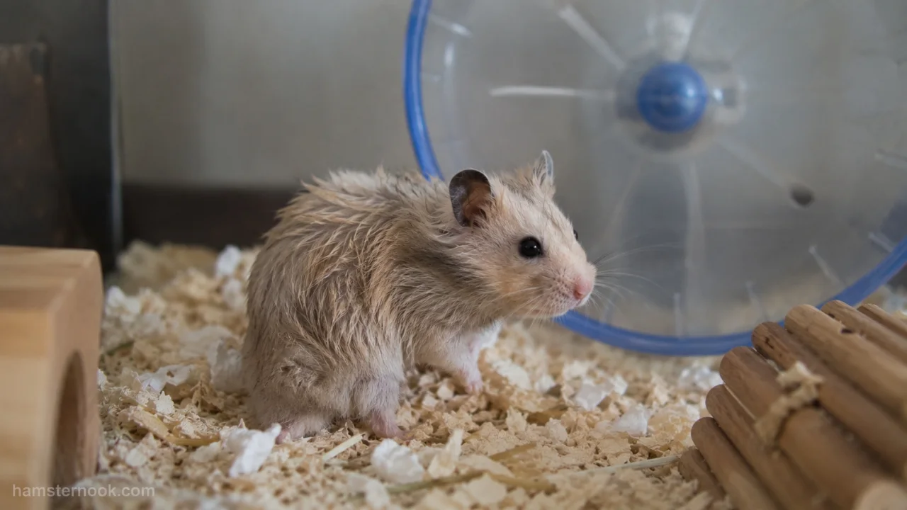 Hamster with slightly greasy fur being examined for health concerns
