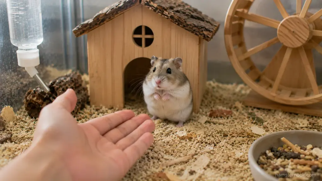Hamster cautiously observing its owner's hand near the enclosure
