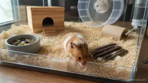 A Syrian hamster safely exploring a hamster-proofed play area outside its enclosure.
