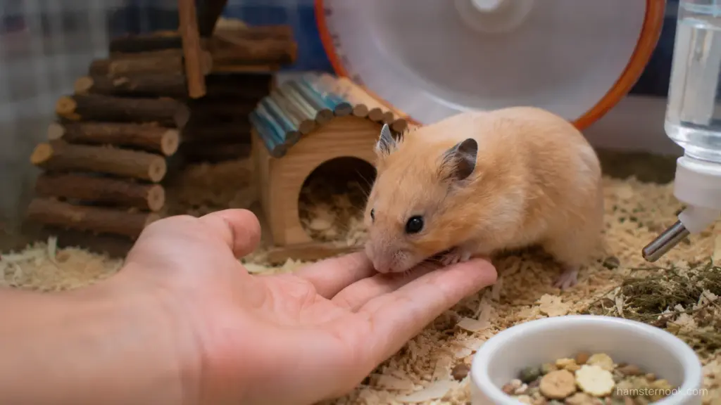 Pet hamster sniffing a familiar owner's hand inside its enclosure