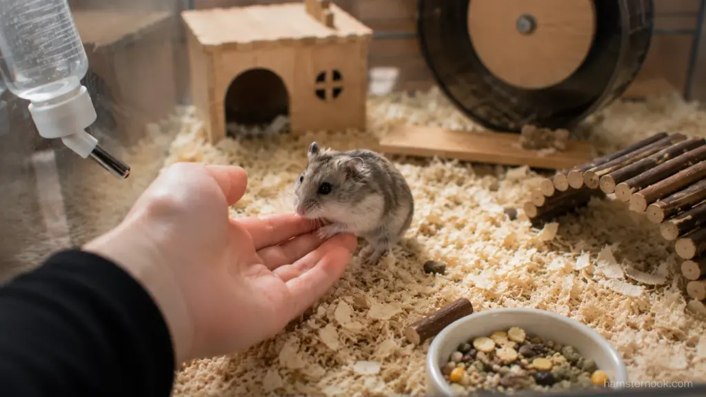 Dwarf hamster sniffing an owner's hand while recognizing a familiar scent