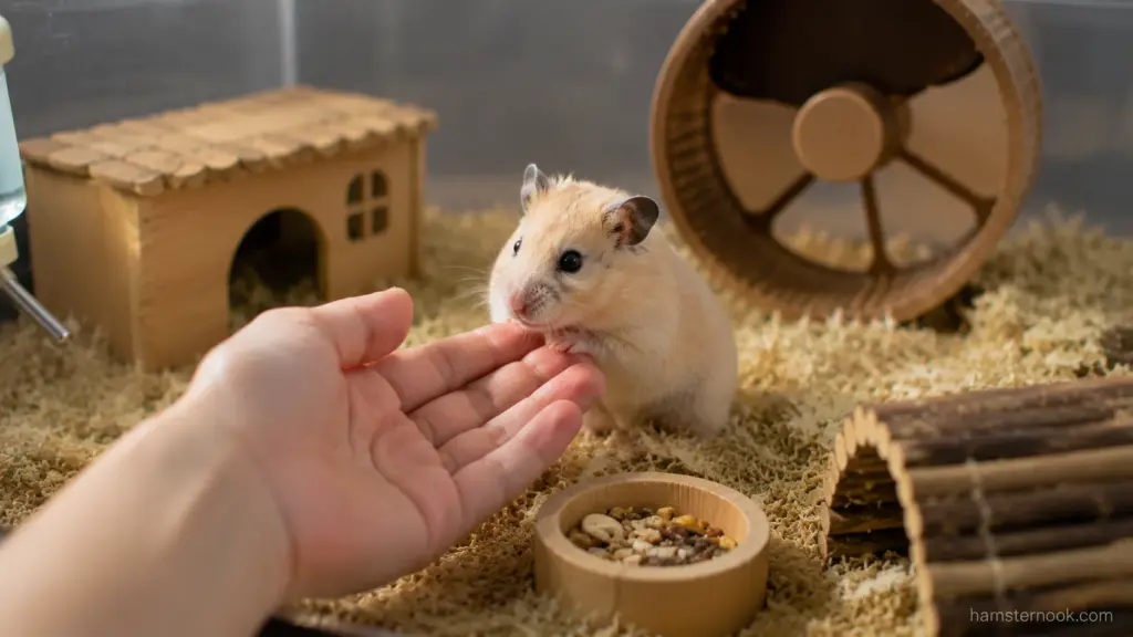 Hamster gently interacting with an owner's hand inside its enclosure