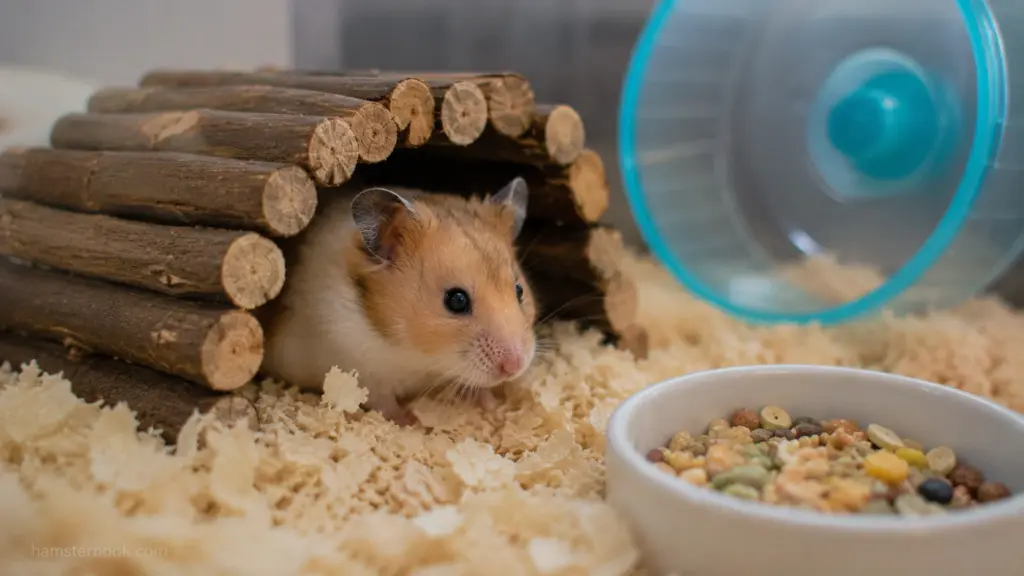 hamster sitting inside wooden hideout feeling secure