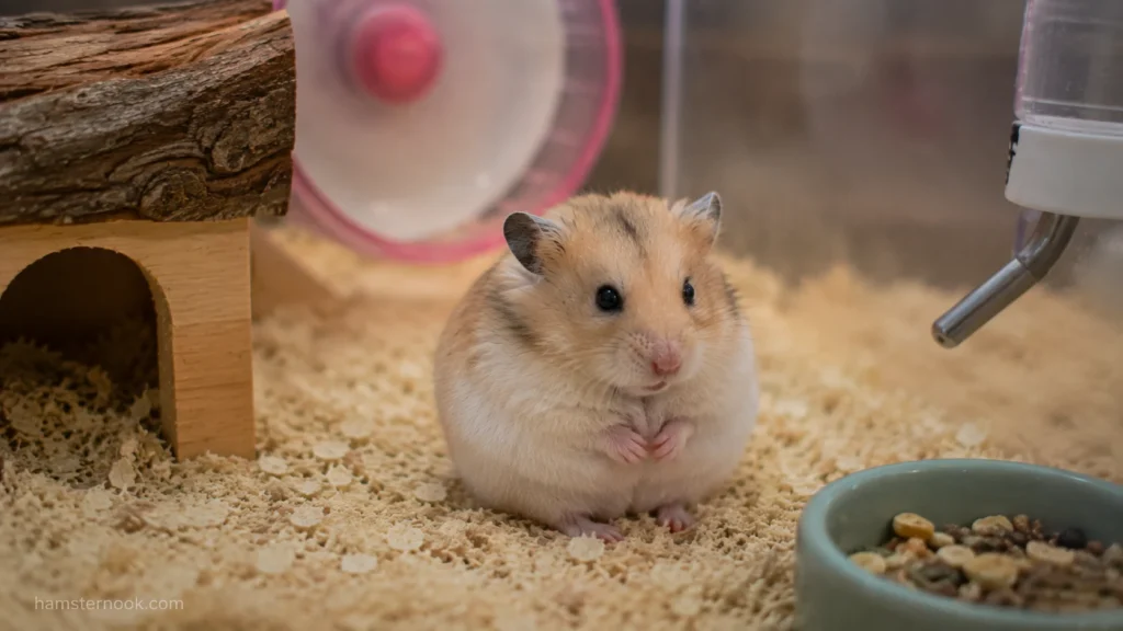 Hamster sitting quietly in a favorite area of its enclosure