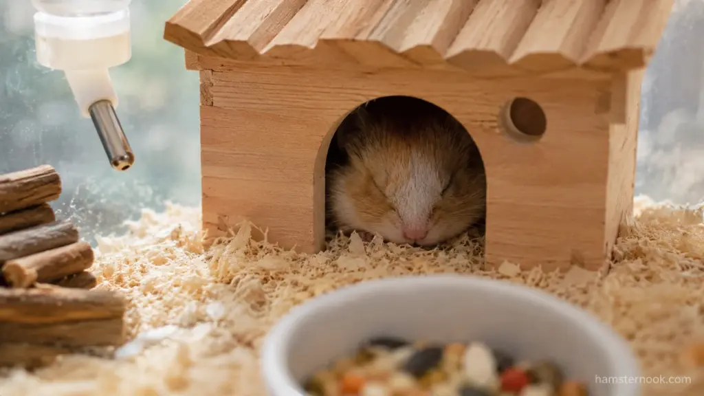 Hamster sleeping peacefully inside a wooden hideout during daylight hours