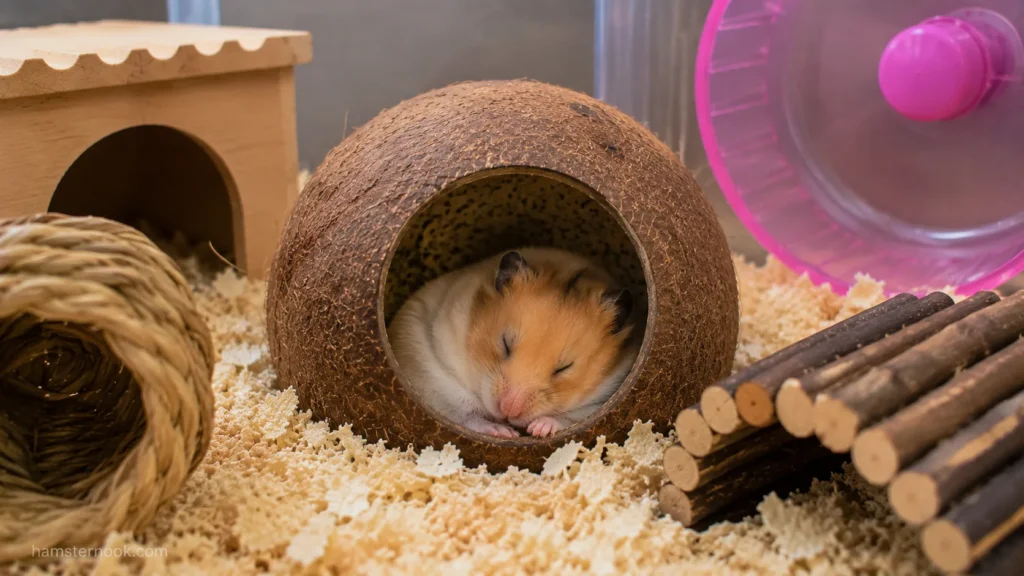 Hamster sleeping peacefully inside a coconut hideout surrounded by bedding