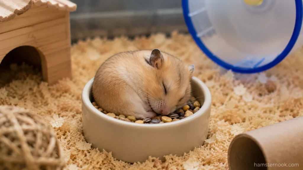 Hamster sleeping inside food bowl near stored food stash