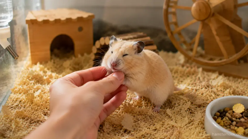 Pet hamster relaxing while receiving a gentle chin scratch from its owner
