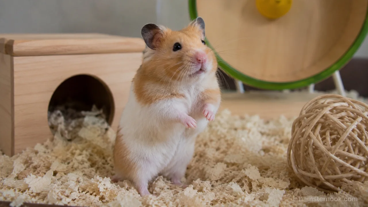 Healthy and happy hamster showing normal behavior in its enclosure