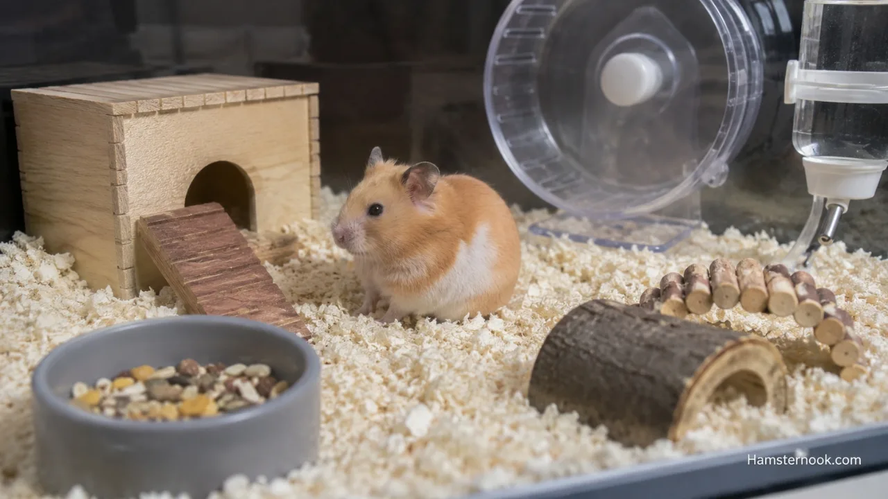 A Syrian hamster sitting quietly in a favorite area of its enclosure.