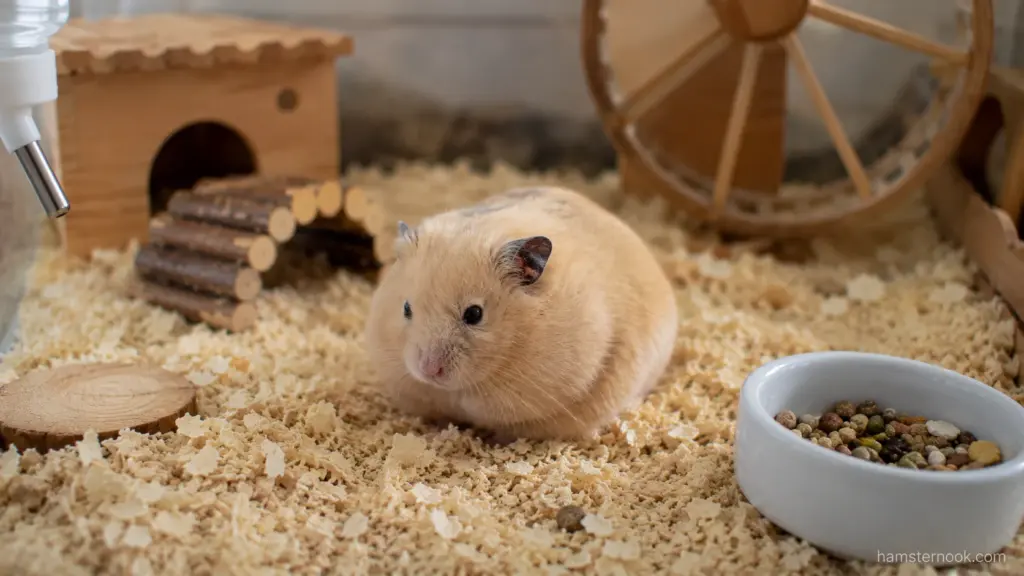 Healthy hamster sitting quietly in its enclosure while observing surroundings