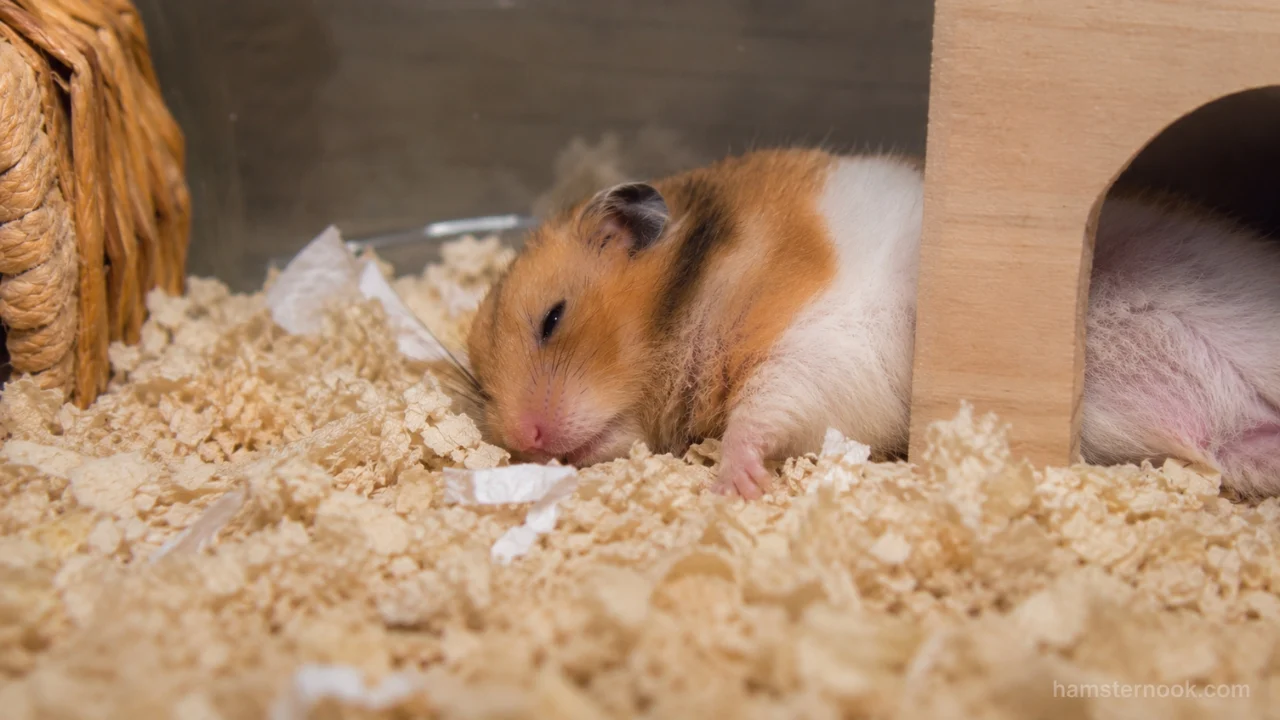 Pet hamster sleeping with its eyes partially open inside a cozy hideout