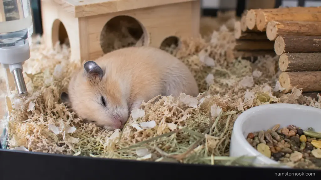 Syrian hamster sleeping peacefully in soft bedding with eyes partially open
