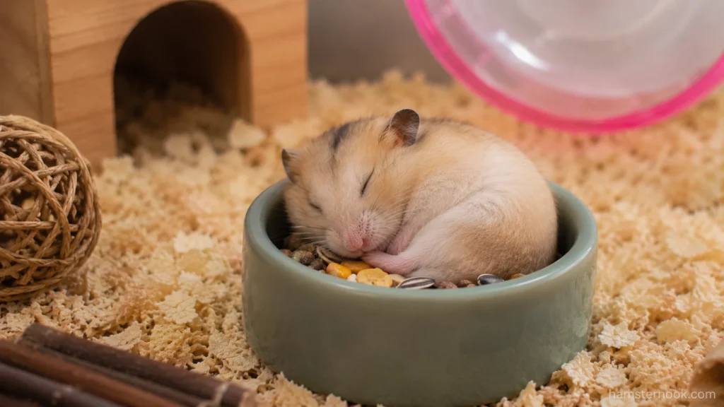 Hamster sleeping curled up inside its food bowl filled with food mix