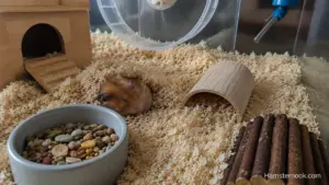 Hamster sleeping in a different spot inside its enclosure instead of its usual hideout.