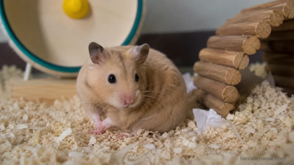 hamster sitting quietly near hideout and wheel inside enclosure