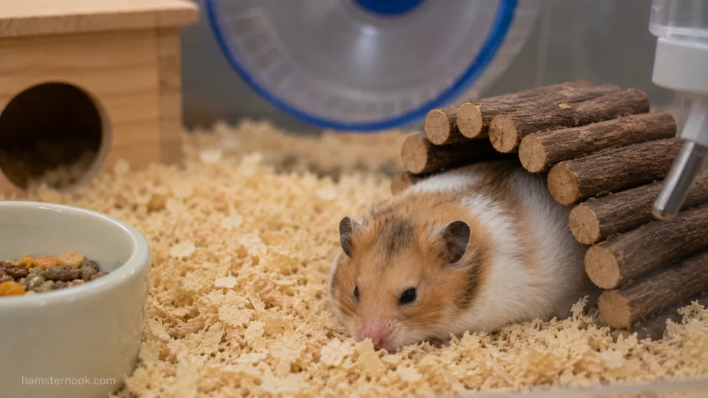 hamster hiding under wooden bridge inside enclosure