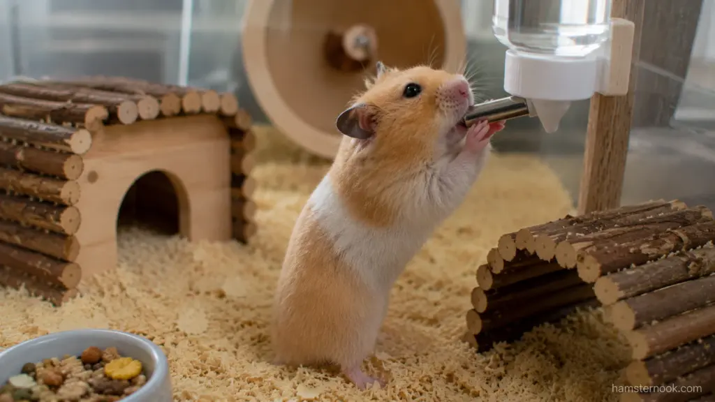 Syrian hamster drinking water from a bottle inside a well-maintained enclosure