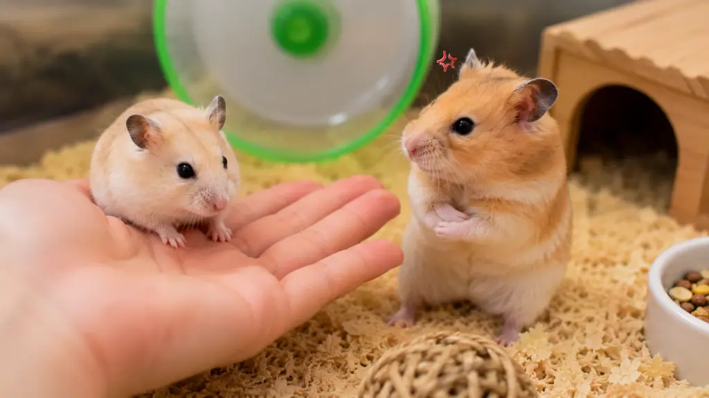 hamster appearing alert after noticing another animal nearby