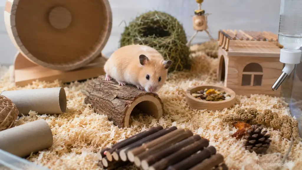 Hamster exploring a natural log tunnel inside an enriched cage setup