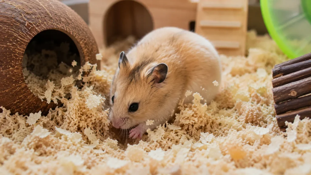 Hamster digging through deep bedding while creating a tunnel inside its enclosure