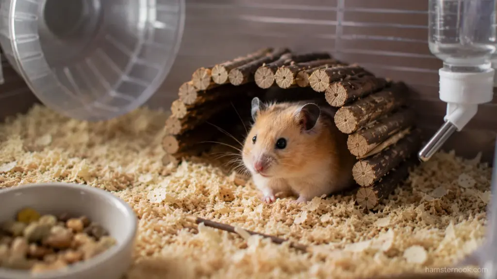 Golden Syrian hamster sitting inside a wooden tunnel hideout surrounded by deep bedding