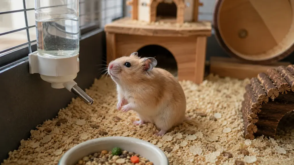 Hamster inspecting a water bottle inside its cage