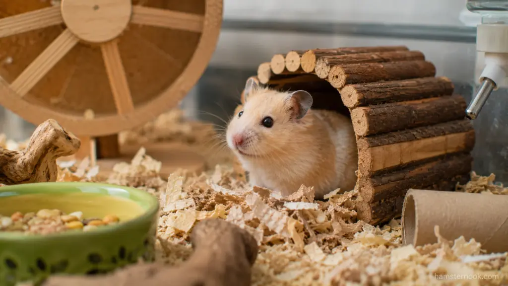 Syrian hamster resting comfortably alone inside a wooden tunnel hideout