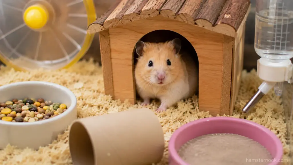 Golden Syrian hamster cautiously observing owner from inside wooden hideout