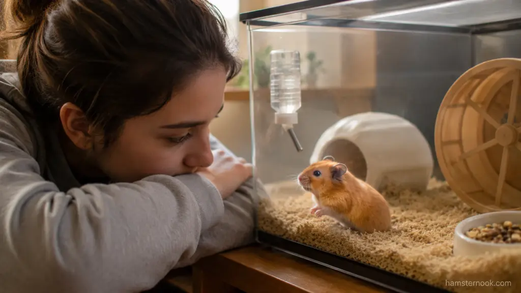 Owner quietly sitting beside hamster enclosure while hamster explores