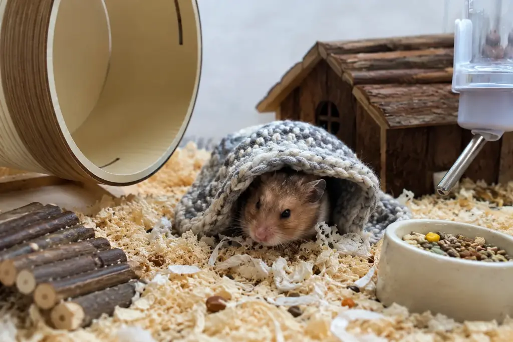 Hamster resting under a warm blanket-like hideout inside its enclosure