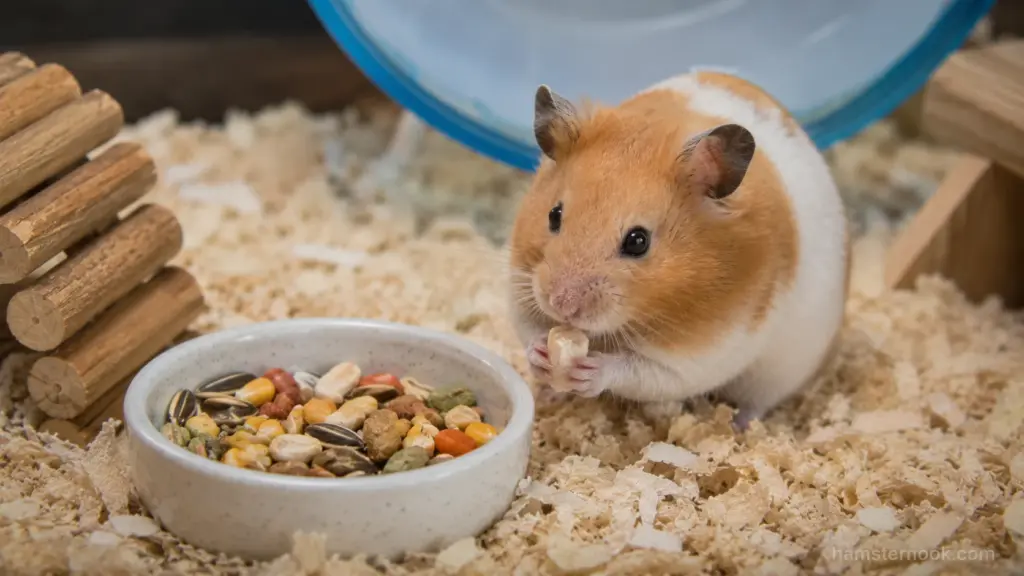 Balanced hamster diet with hamster food mix, vegetables, and safe treats