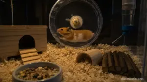 Healthy hamster night activity inside a well-enriched enclosure with wheel, bedding, and hideouts.