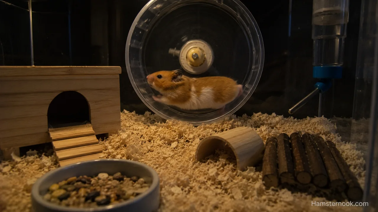 Healthy hamster night activity inside a well-enriched enclosure with wheel, bedding, and hideouts.