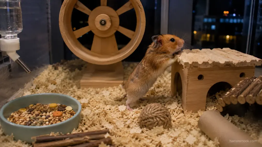 Healthy hamster exploring enclosure during normal nighttime activity