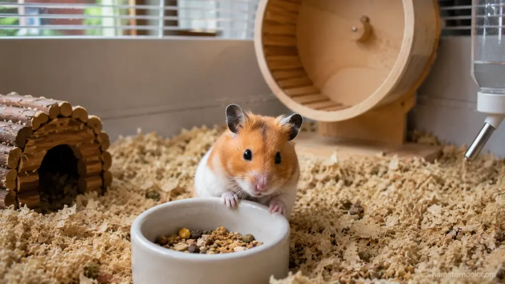 Syrian hamster sitting beside a food bowl in a calm enclosure