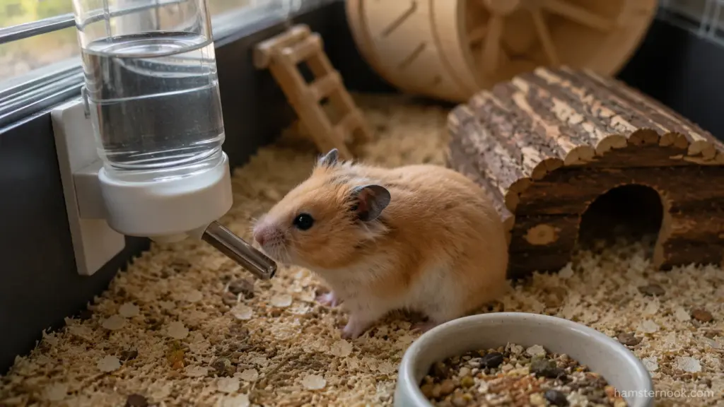 Pet hamster drinking from a water bottle inside its enclosure