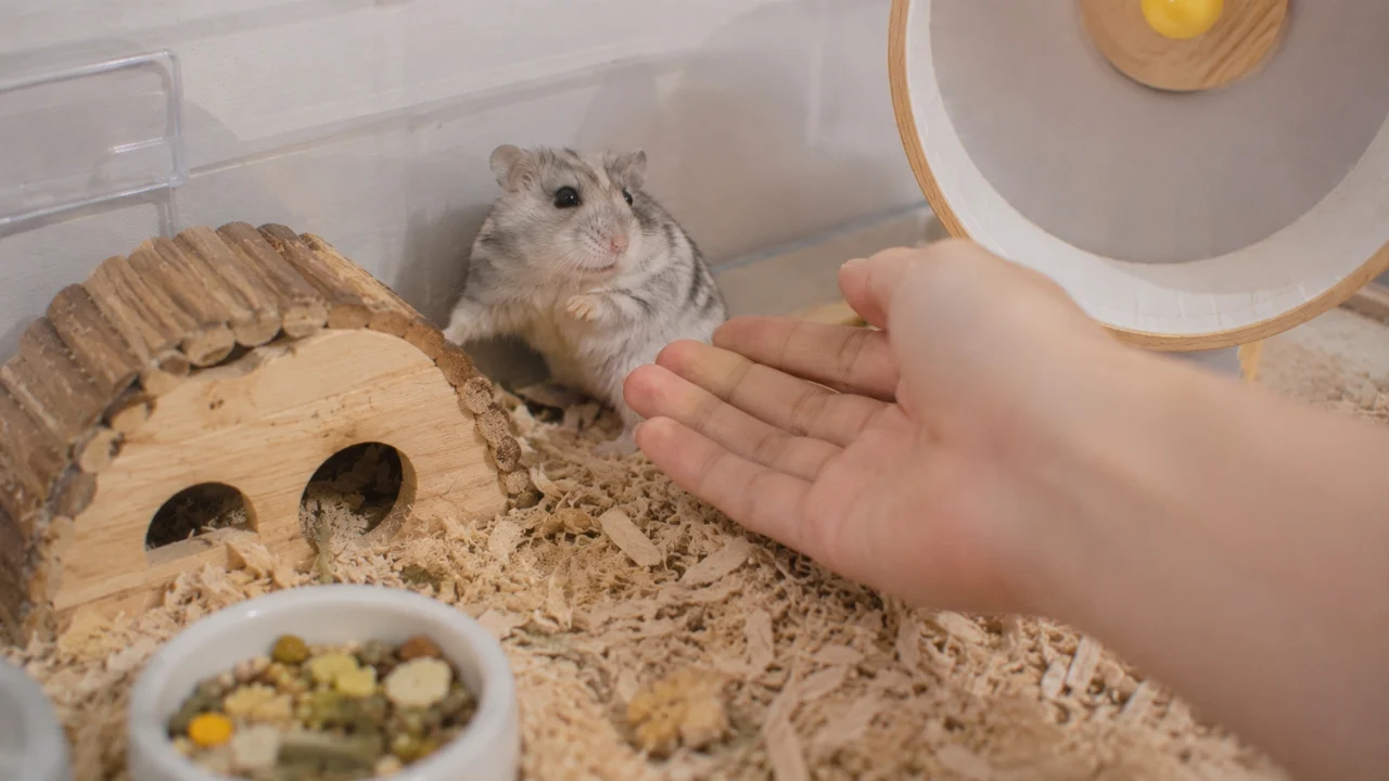 New hamster avoiding a human hand during its first days at home