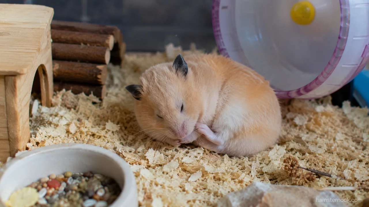Hamster showing signs of discomfort while sitting quietly in its enclosure