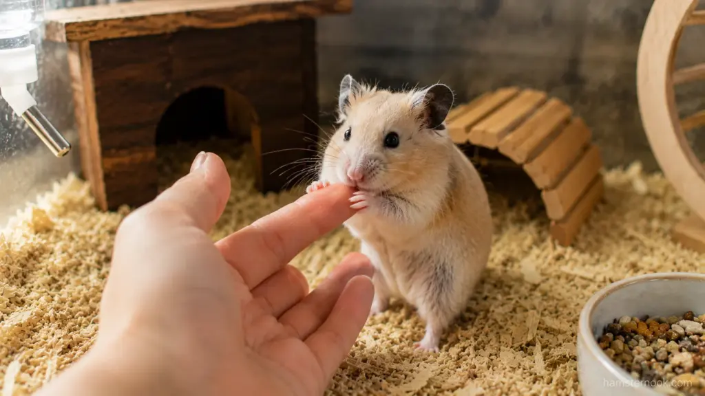 Hamster voluntarily approaching owner's open hand in enclosure