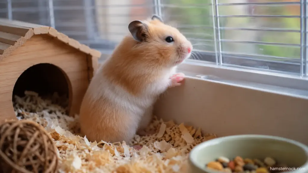 Golden Syrian hamster observing surroundings from enclosure window