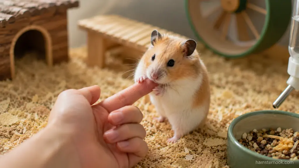 Hamster holding an owner's finger inside a well-equipped enclosure