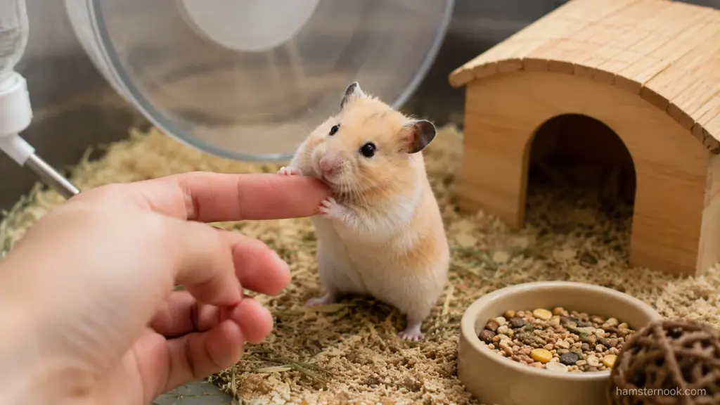 Pet hamster gently touching owner's finger during trust-building interaction