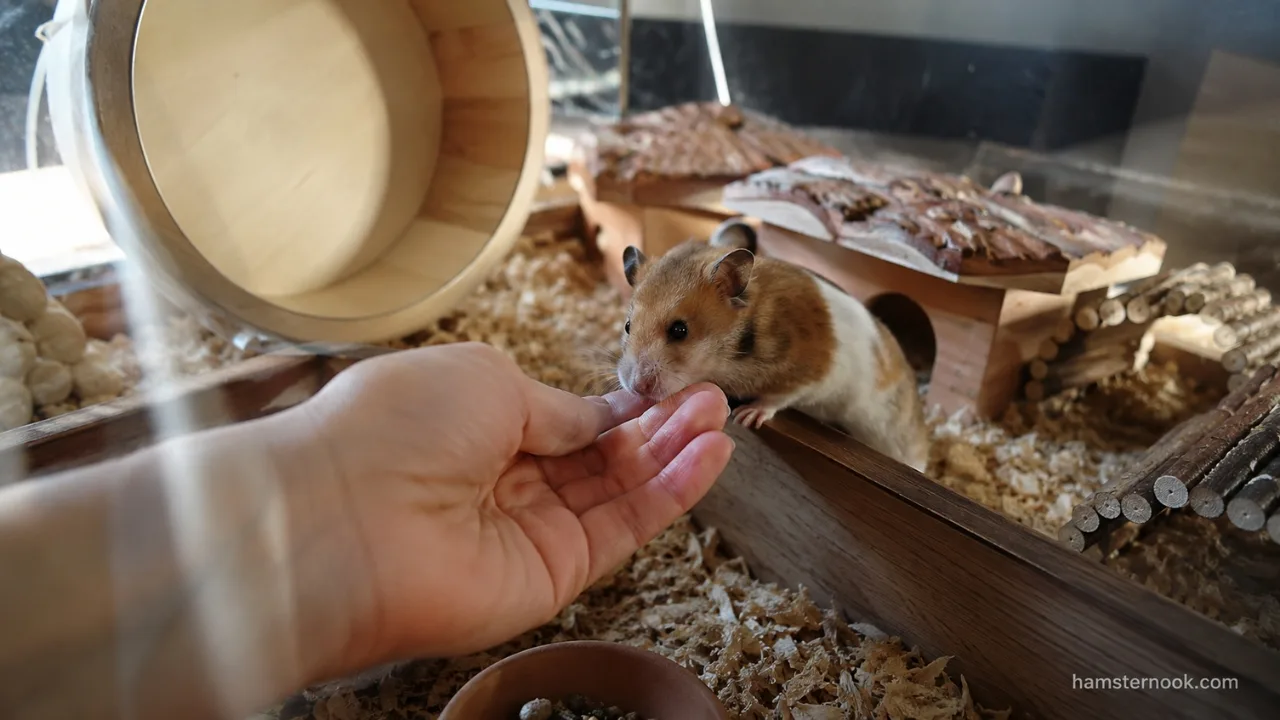 Pet hamster standing on owner's hand after building trust