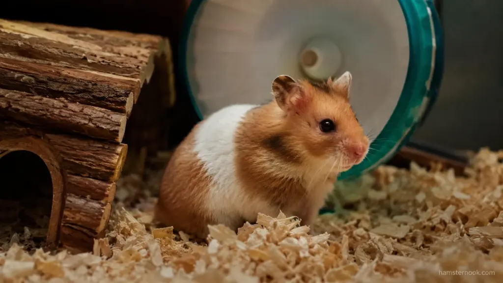 Hamster resting near exercise wheel after nighttime activity