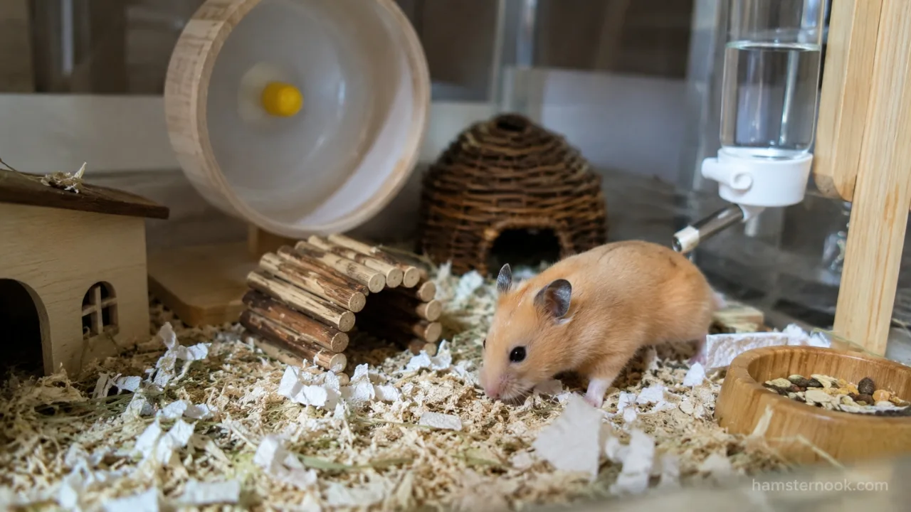 Clean hamster cage with fresh bedding and happy pet hamster