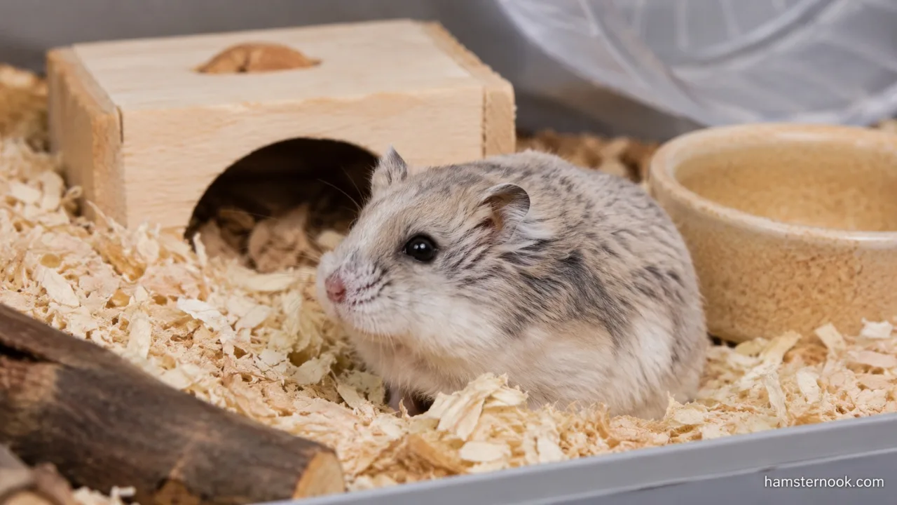 Senior hamster resting comfortably in a soft bedding enclosure